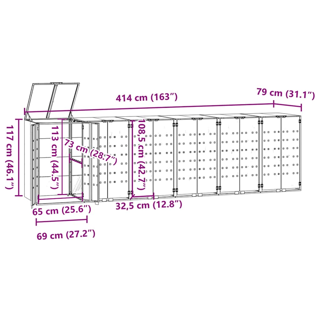 Copribidone con Ruote 6 Bidoni Antracite 414x79x117cm Acciaio - homemem39
