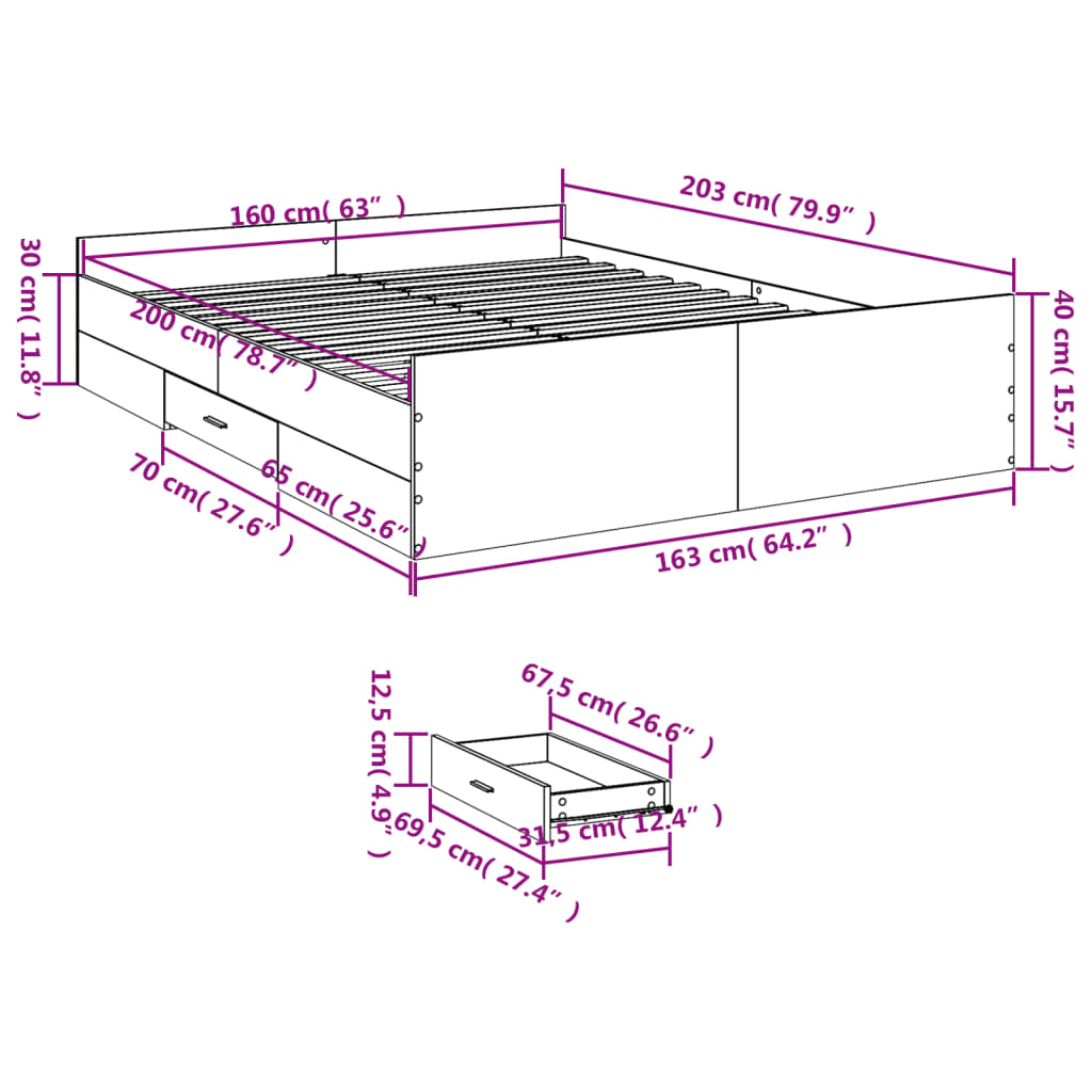 Giroletto con Cassetti Bianco 160x200 cm in Legno Multistrato | homemem39