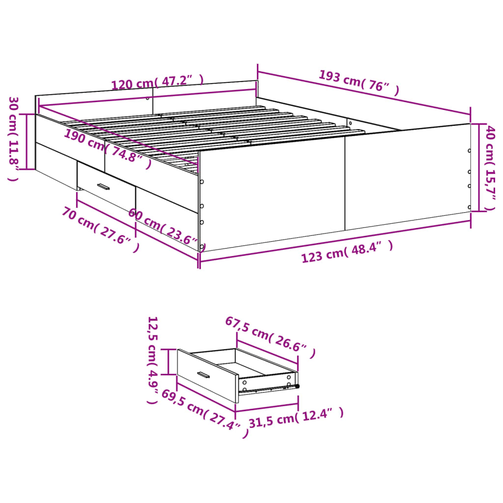 Giroletto con Cassetti Bianco 120x190 cm in Legno Multistrato | homemem39