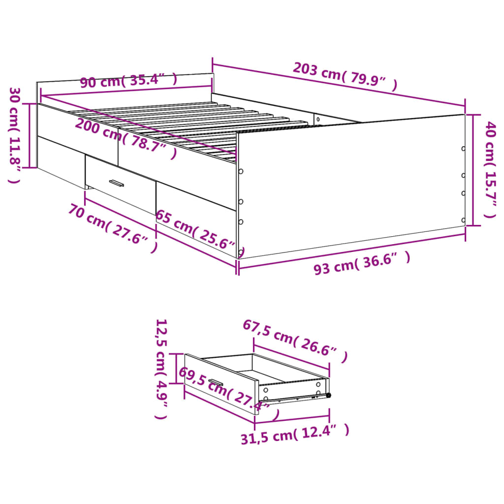 Giroletto con Cassetti Rovere Fumo 90x200 cm Legno Multistrato | homemem39