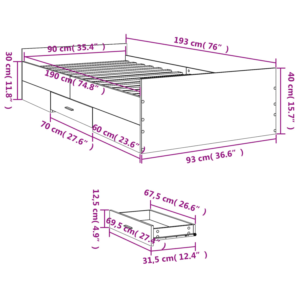 Giroletto con Cassetti Rovere Fumo 90x190 cm Legno Multistrato | homemem39