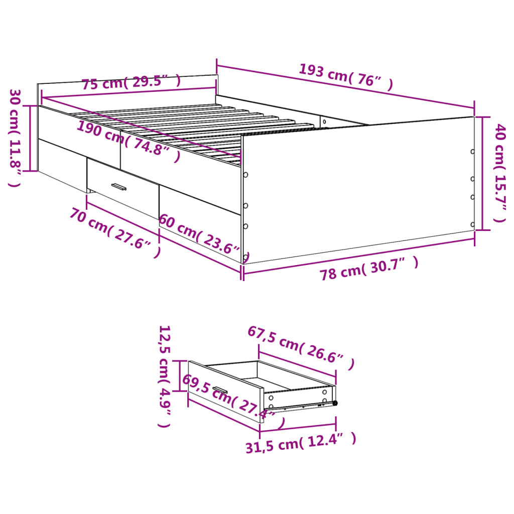 Giroletto con Cassetti Bianco 75x190 cm in Legno Multistrato | homemem39