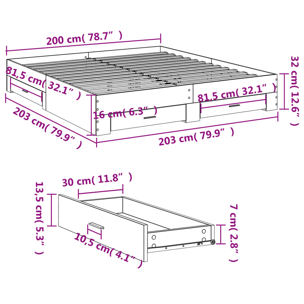 Giroletto con Cassetti Bianco 200x200 cm in Legno Multistrato | homemem39