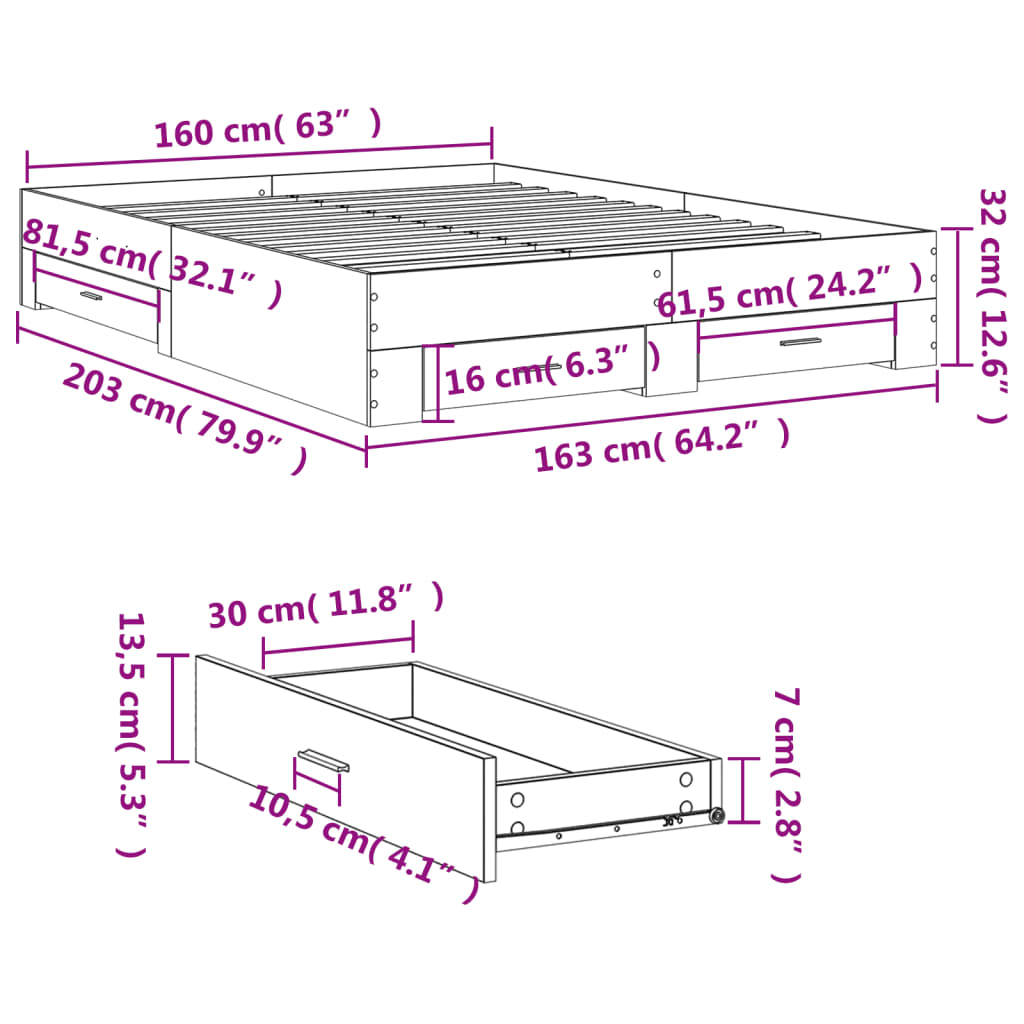 Giroletto con Cassetti Rovere Fumo 160x200 cm Legno Multistrato | homemem39