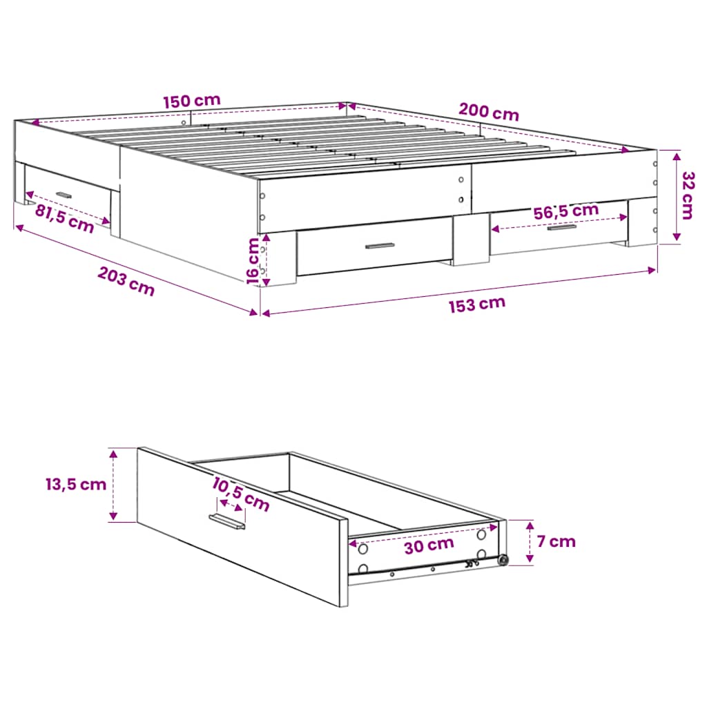 Giroletto con Cassetti Rovere Fumo 150x200 cm Legno Multistrato | homemem39