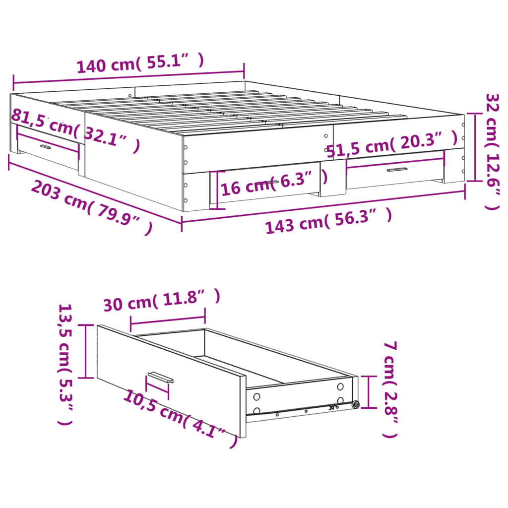 Giroletto con Cassetti Rovere Fumo 140x200 cm Legno Multistrato | homemem39