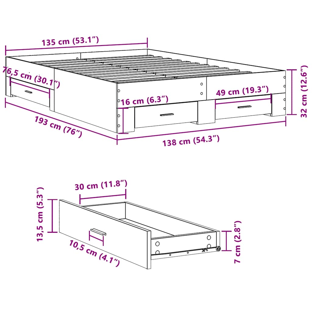 Giroletto Cassetti Grigio Cemento 135x190 cm Legno Multistrato | homemem39