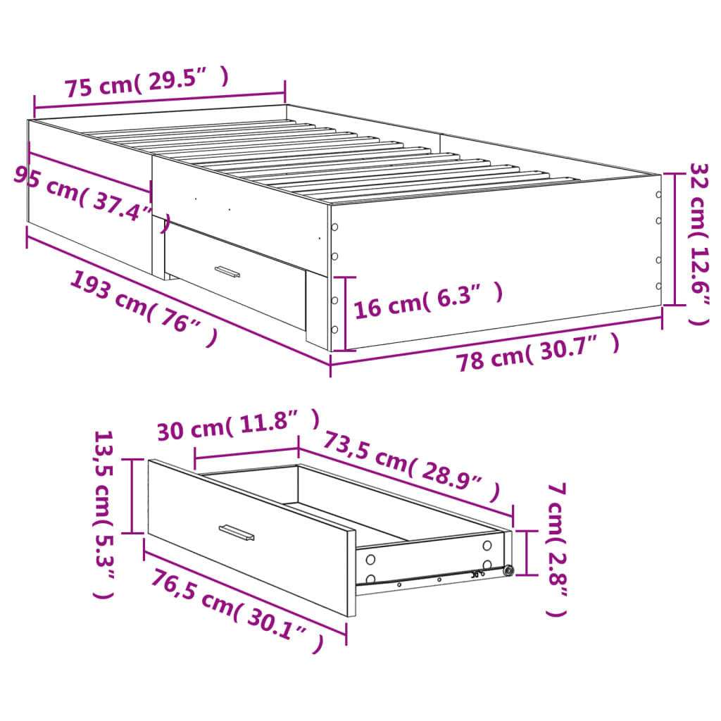 Giroletto con Cassetti Rovere Fumo 75x190 cm Legno Multistrato | homemem39