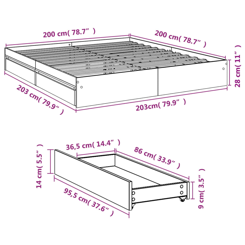 Giroletto con Cassetti Nero 200x200 cm in Legno Multistrato | homemem39