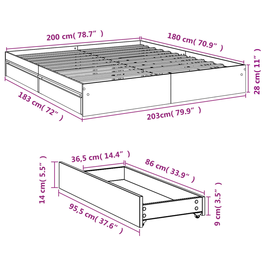 Giroletto Cassetti Rovere Sonoma 180x200 cm Legno Multistrato | homemem39