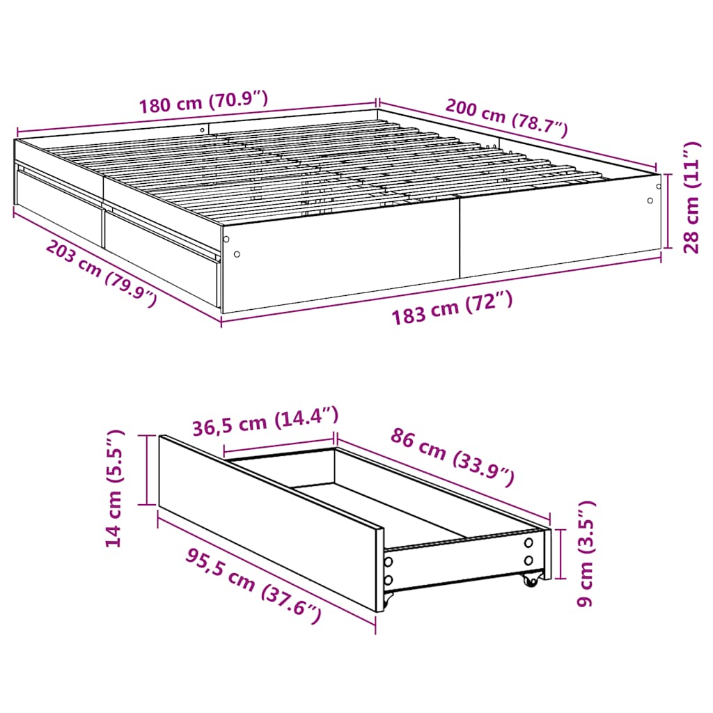 Giroletto con Cassetti Rovere Fumo 180x200 cm Legno Multistrato | homemem39