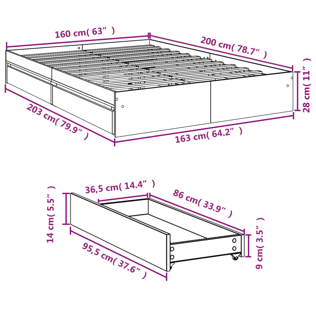 Giroletto con Cassetti Bianco 160x200 cm in Legno Multistrato | homemem39