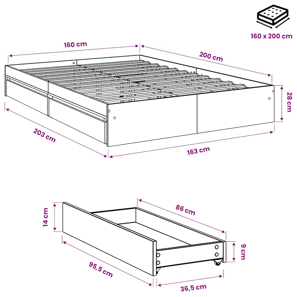 Giroletto Cassetti Grigio Sonoma 160x200 cm Legno Multistrato