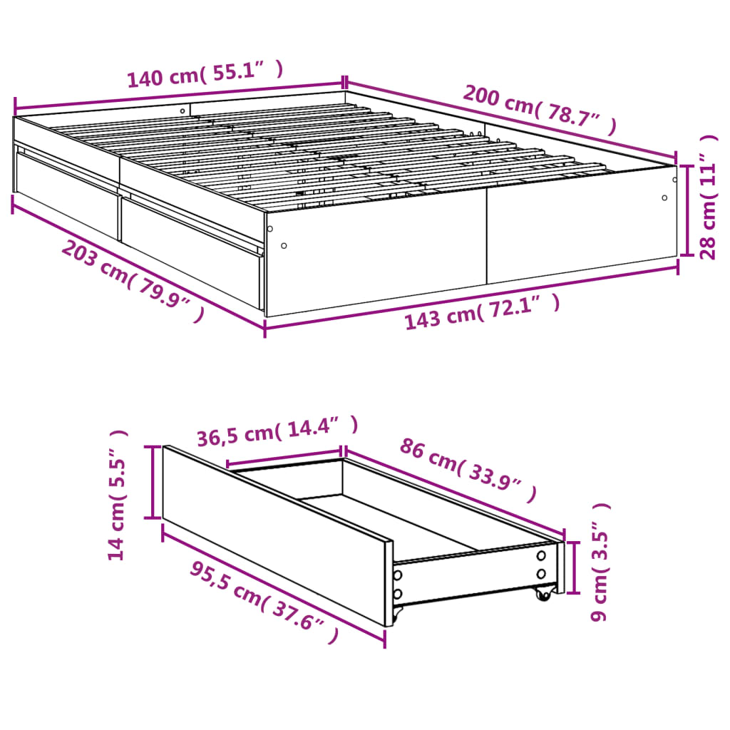Giroletto con Cassetti Bianco 140x200 cm in Legno Truciolato | homemem39