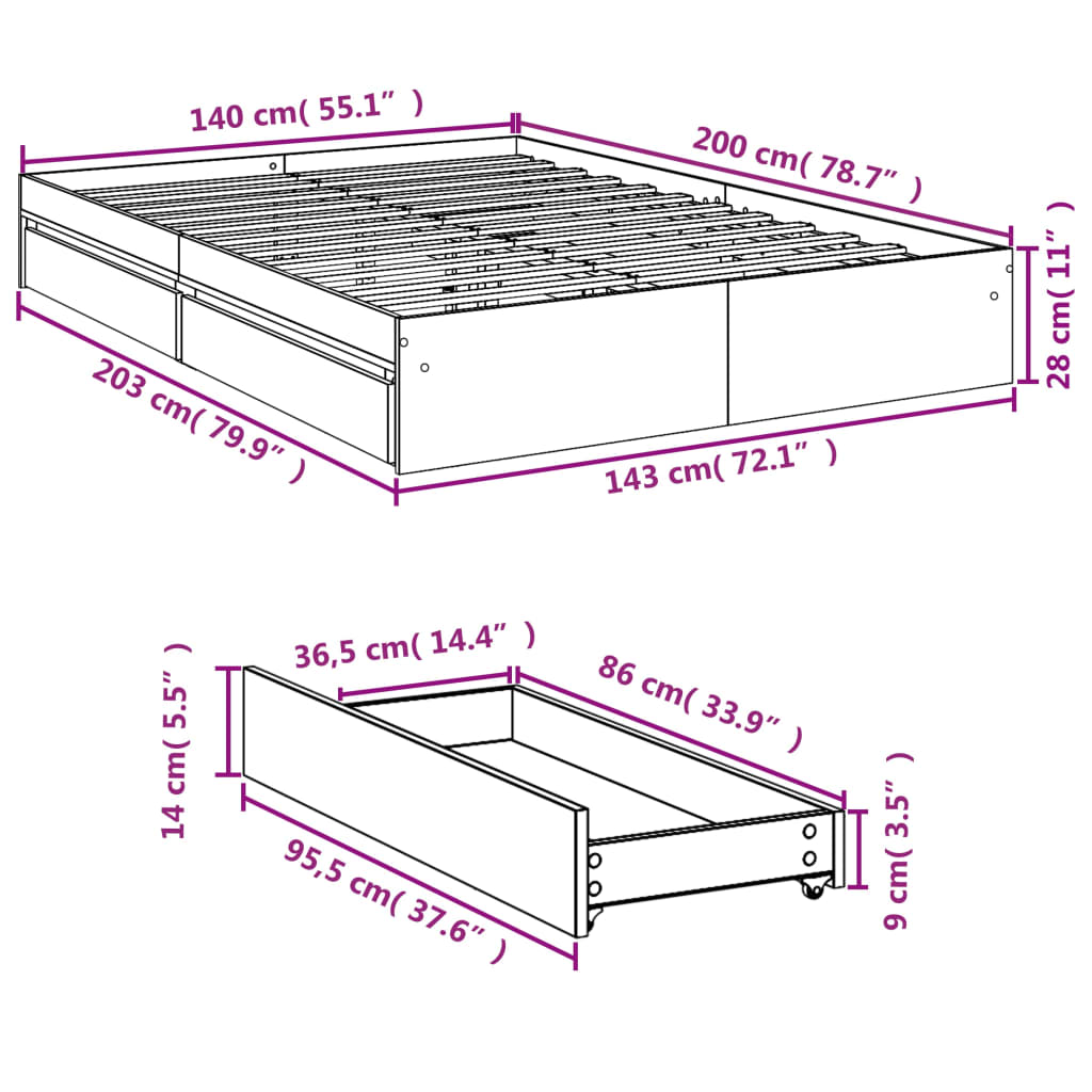 Giroletto Cassetti Rovere Sonoma 140x200 cm Legno Multistrato | homemem39