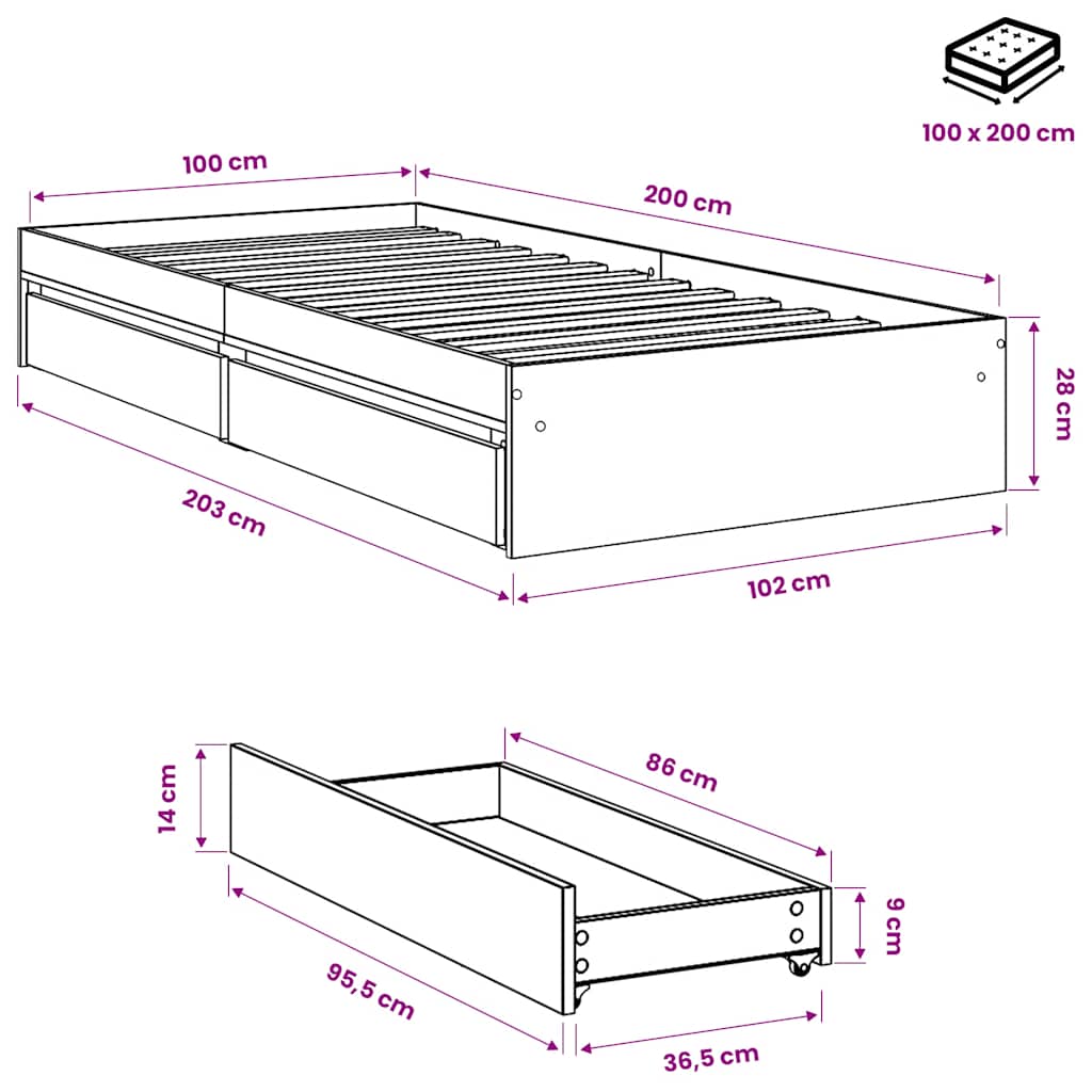 Giroletto Cassetti Grigio Sonoma 100x200 cm Legno Multistrato