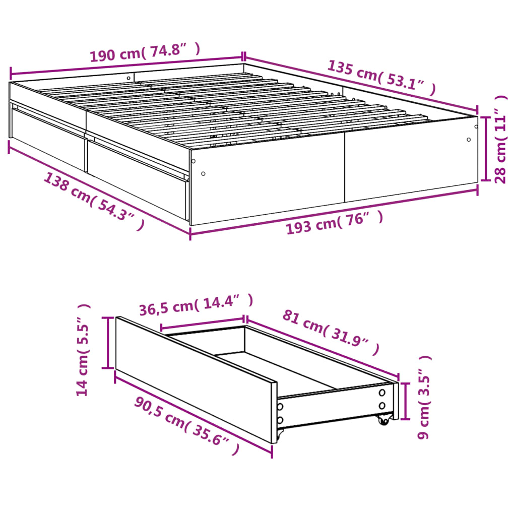 Giroletto Cassetti Rovere Sonoma 135x190 cm Legno Multistrato | homemem39