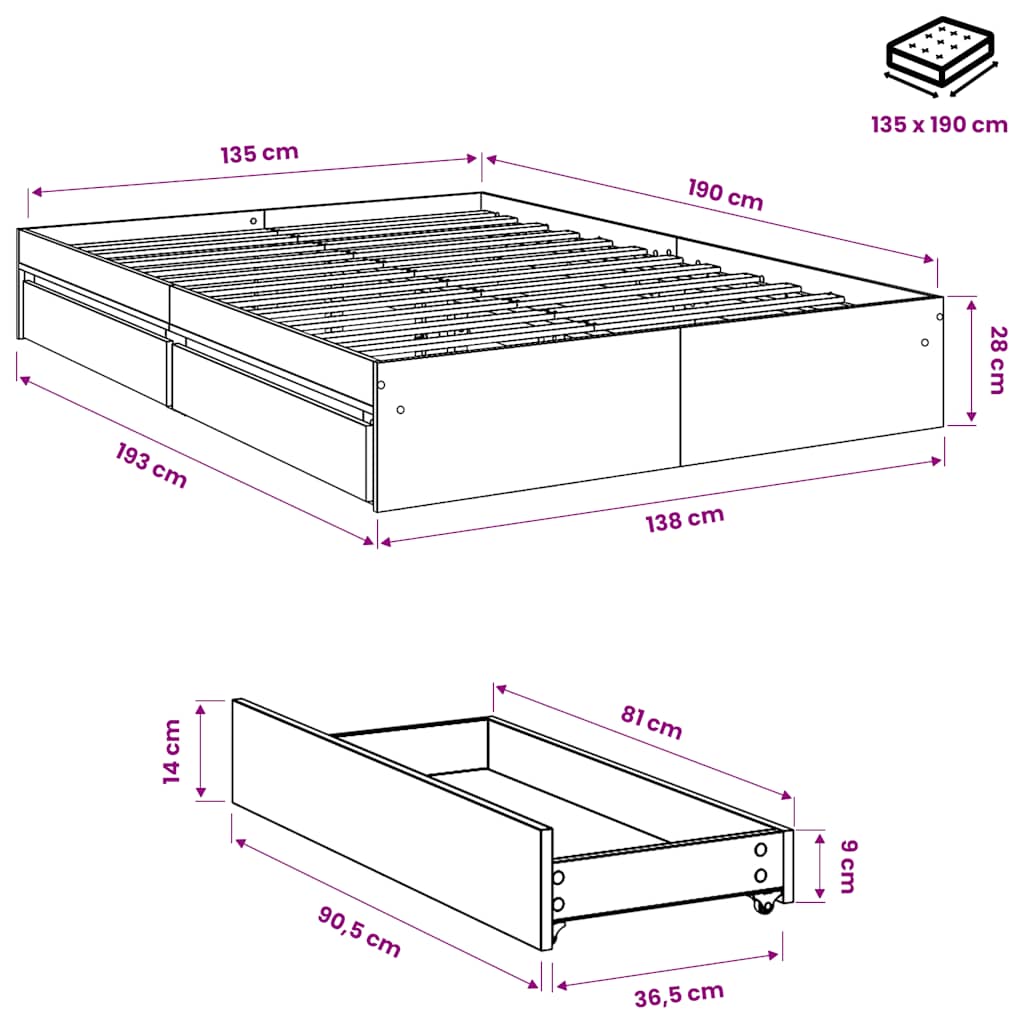 Giroletto Cassetti Rovere Sonoma 135x190 cm Legno Multistrato | homemem39