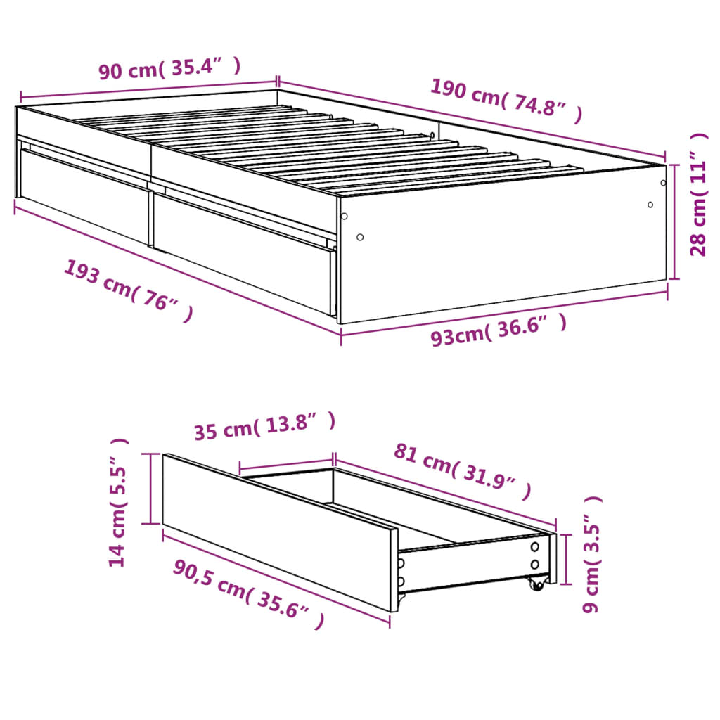 Giroletto Cassetti Grigio Cemento 90x190 cm Legno Multistrato | homemem39