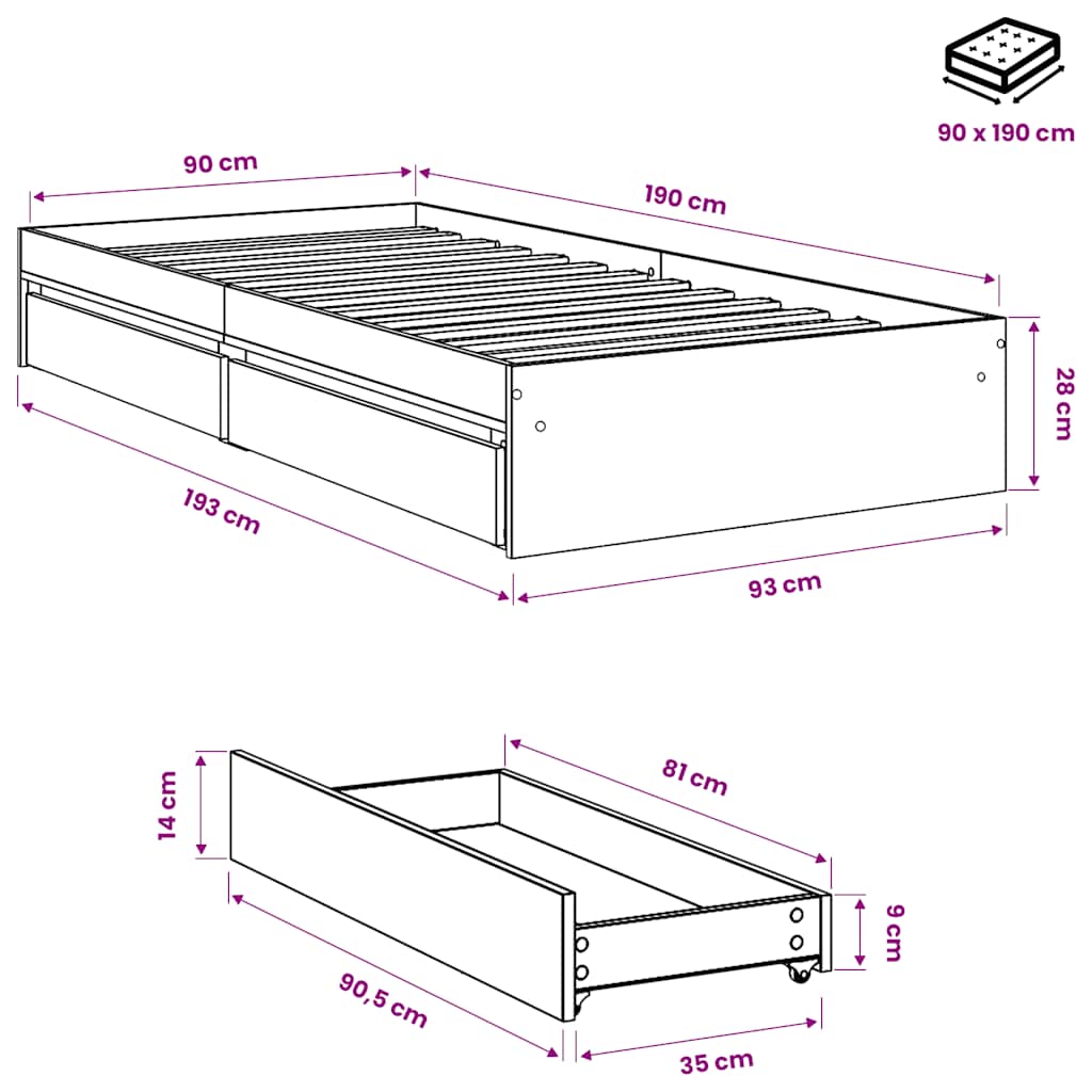 Giroletto con Cassetti Rovere Fumo 90x190 cm Legno Multistrato