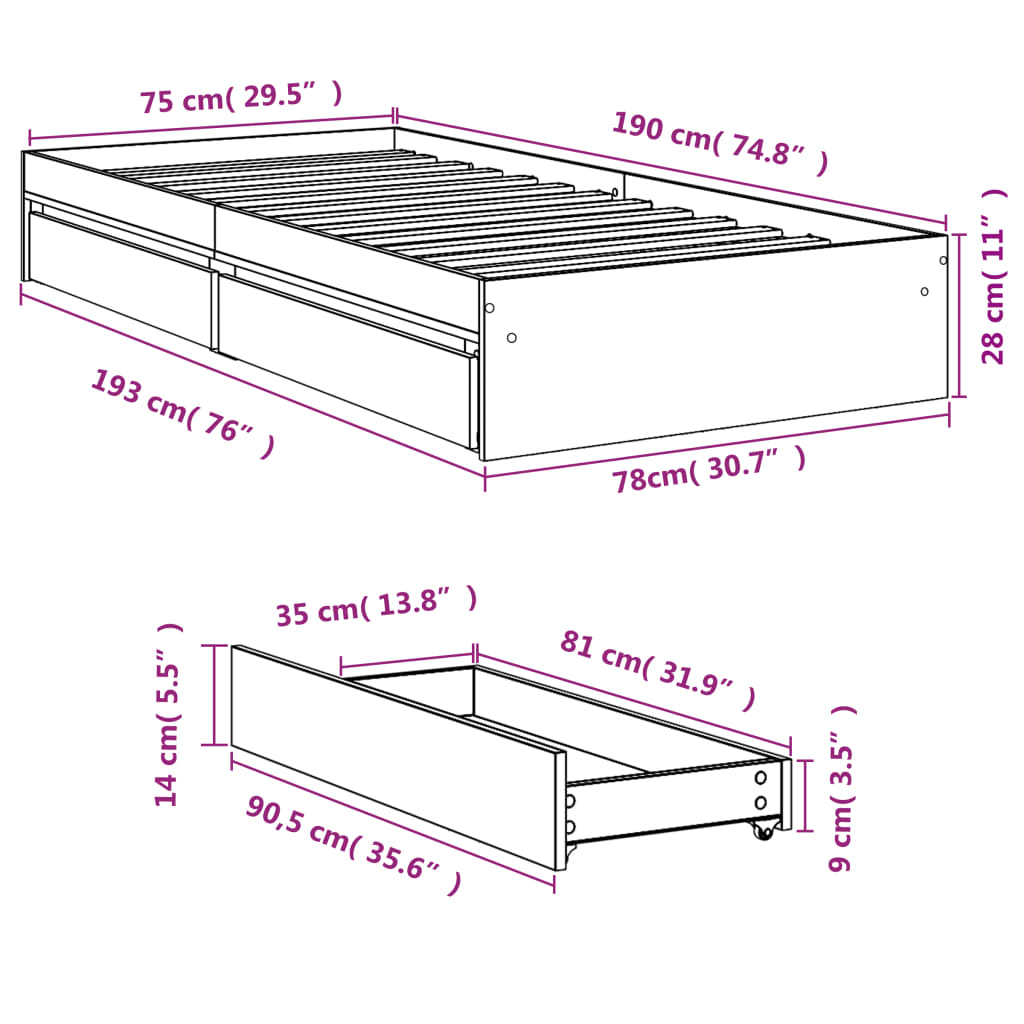 Giroletto Cassetti Rovere Sonoma 75x190 cm Legno Multistrato | homemem39