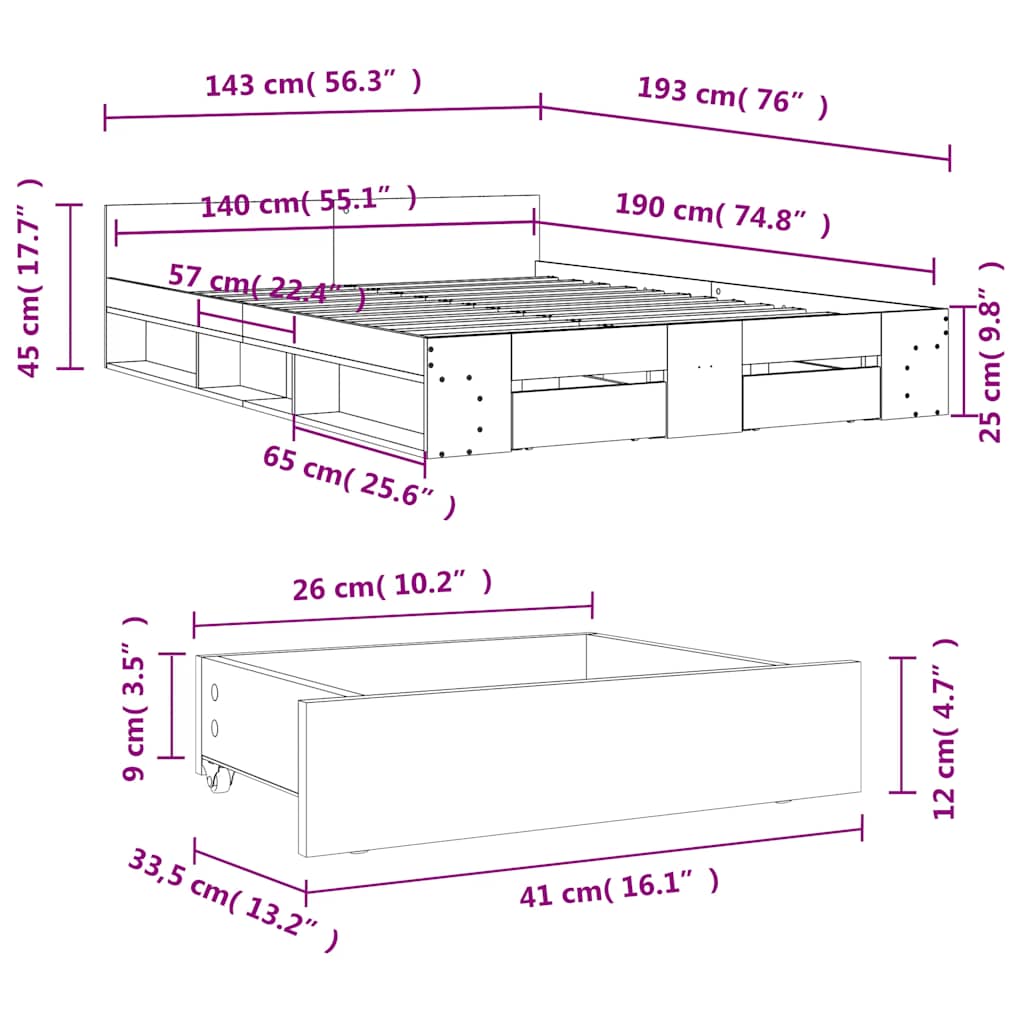 Giroletto con Cassetti Rovere Fumo 140x190 cm Legno Multistrato | homemem39