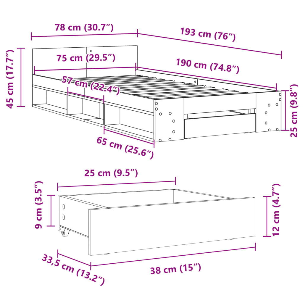 Giroletto con Cassetto Nero 75x190 cm in Legno Multistrato | homemem39