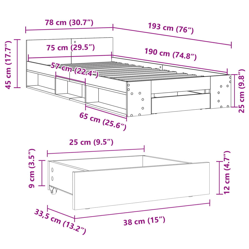 Giroletto con Cassetto Rovere Fumo 75x190 cm Legno Multistrato | homemem39