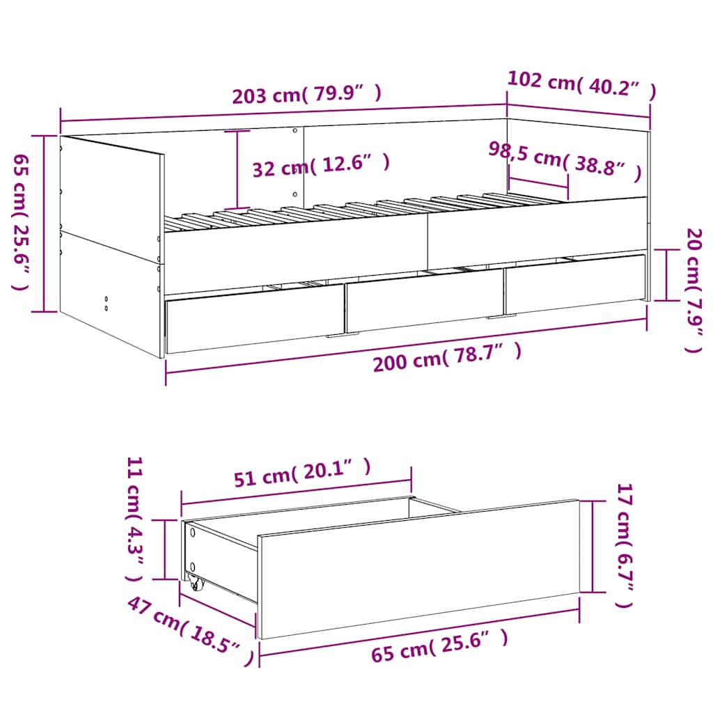 Divano Letto con Cassetti senza Materasso Rovere Fumo 100x200cm | homemem39