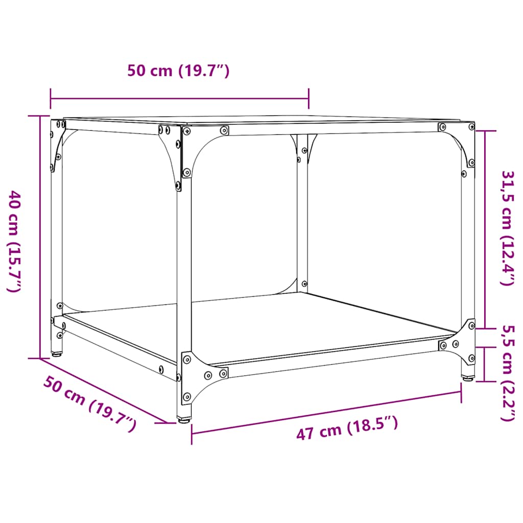 Tavolino Salotto con Piano Vetro Trasparente 50x50x40cm Acciaio