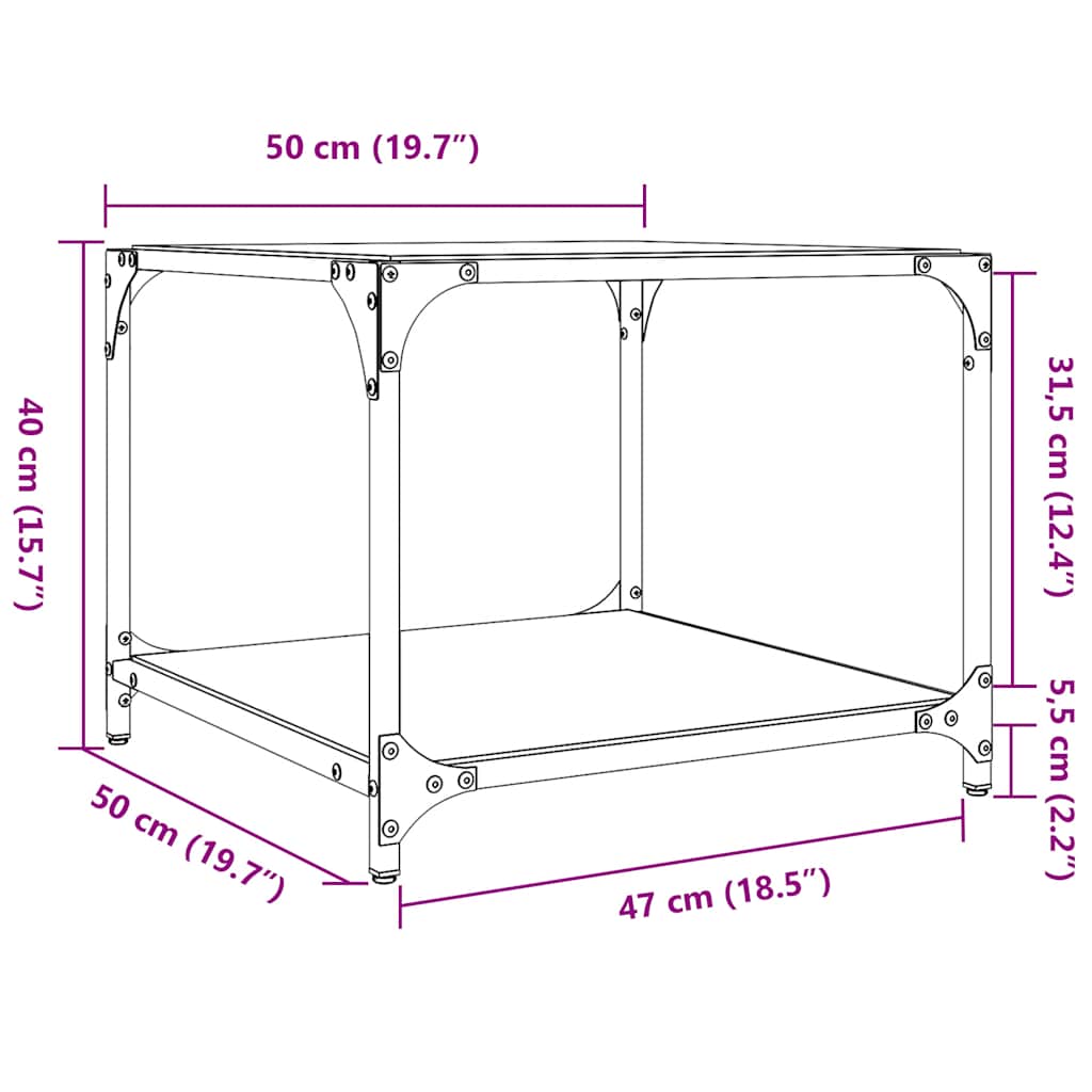 Tavolini da Salotto con Piano Vetro Nero 2pz 50x50x40cm Acciaio