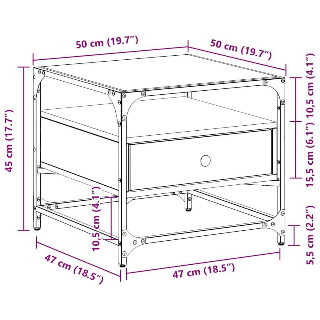 Tavolino con Piano in Vetro Rovere Sonoma 50x50x45 cm Acciaio | homemem39