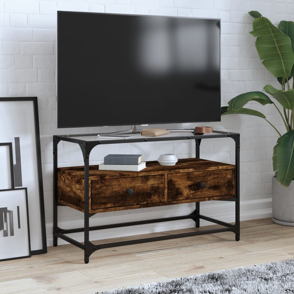 homemem39 Mobile TV Piano Vetro Rovere Fumo 80x35x51cm Legno
