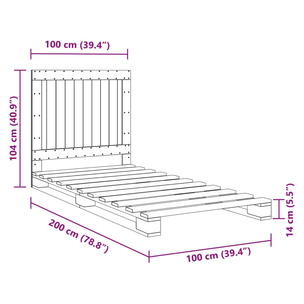 Giroletto con Testiera Grigio 100x200 cm Legno Massello di Pino