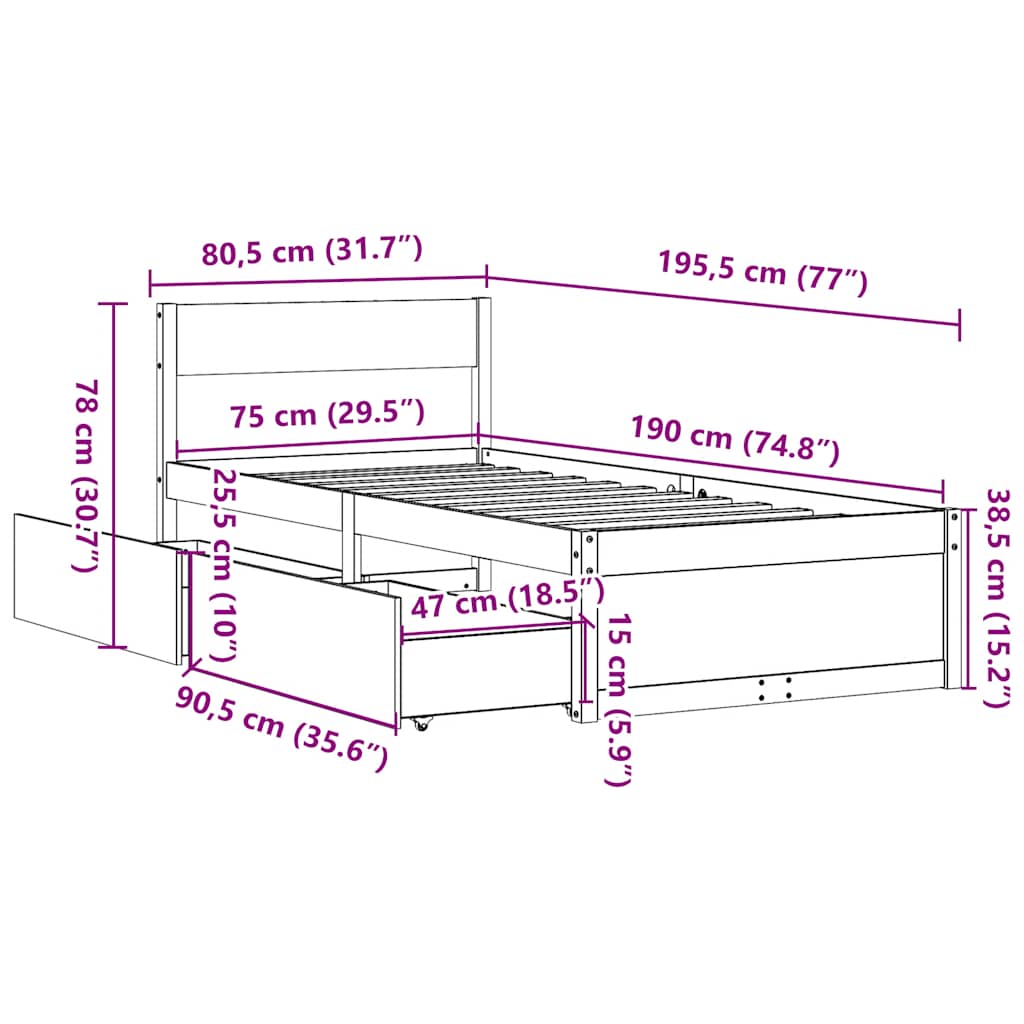 Letto senza Materasso Bianco 75x190 in Legno Massello di Pino | homemem39
