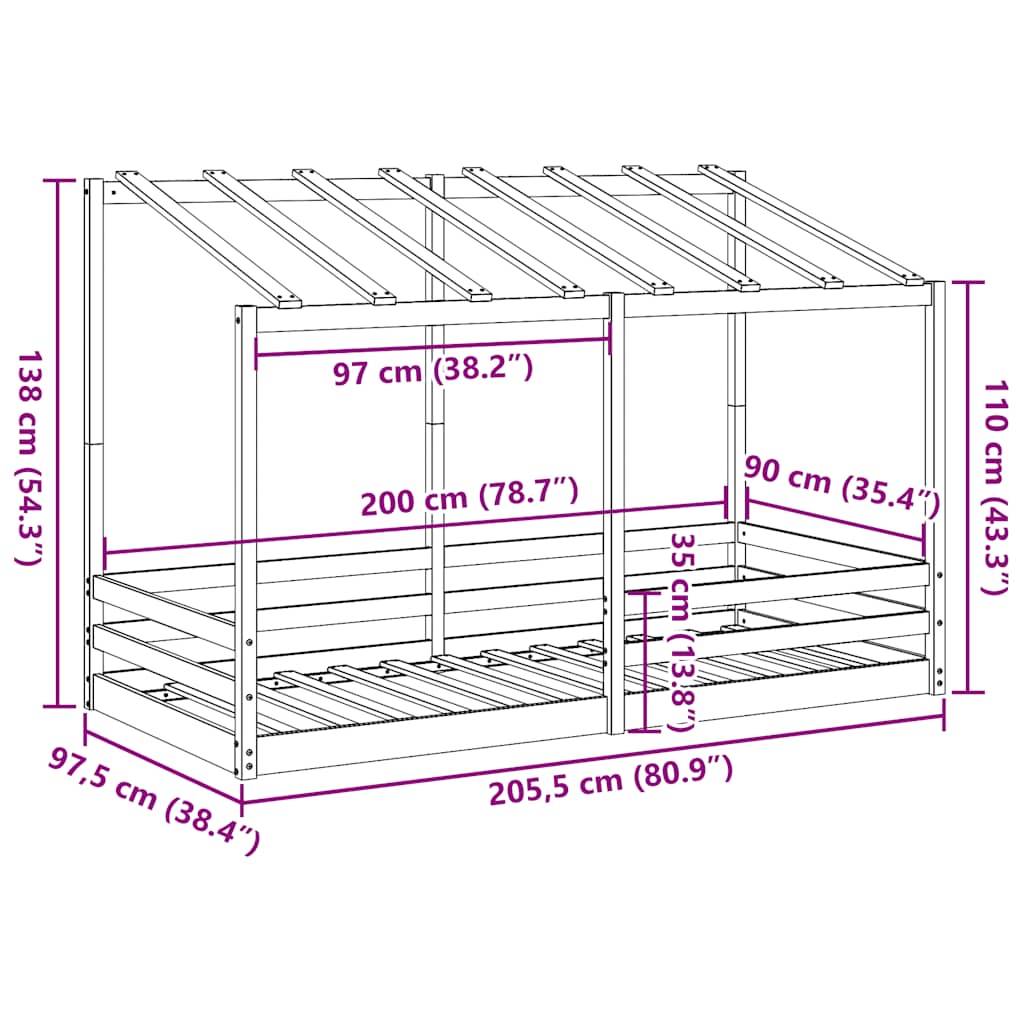 Letto per Bambini con Tetto 90x200 cm in Legno Massello di Pino | homemem39