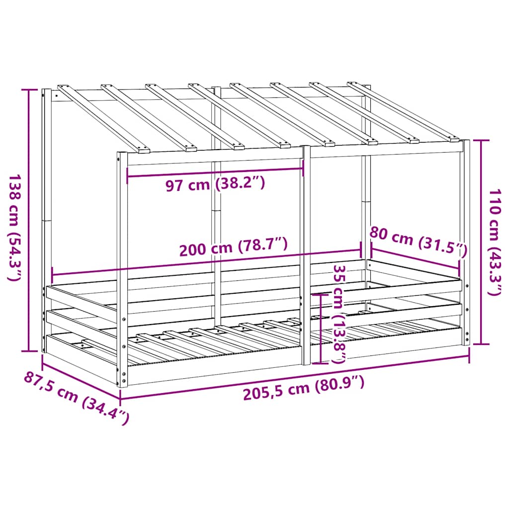 Letto per Bambini con Tetto 80x200 cm in Legno Massello di Pino | homemem39