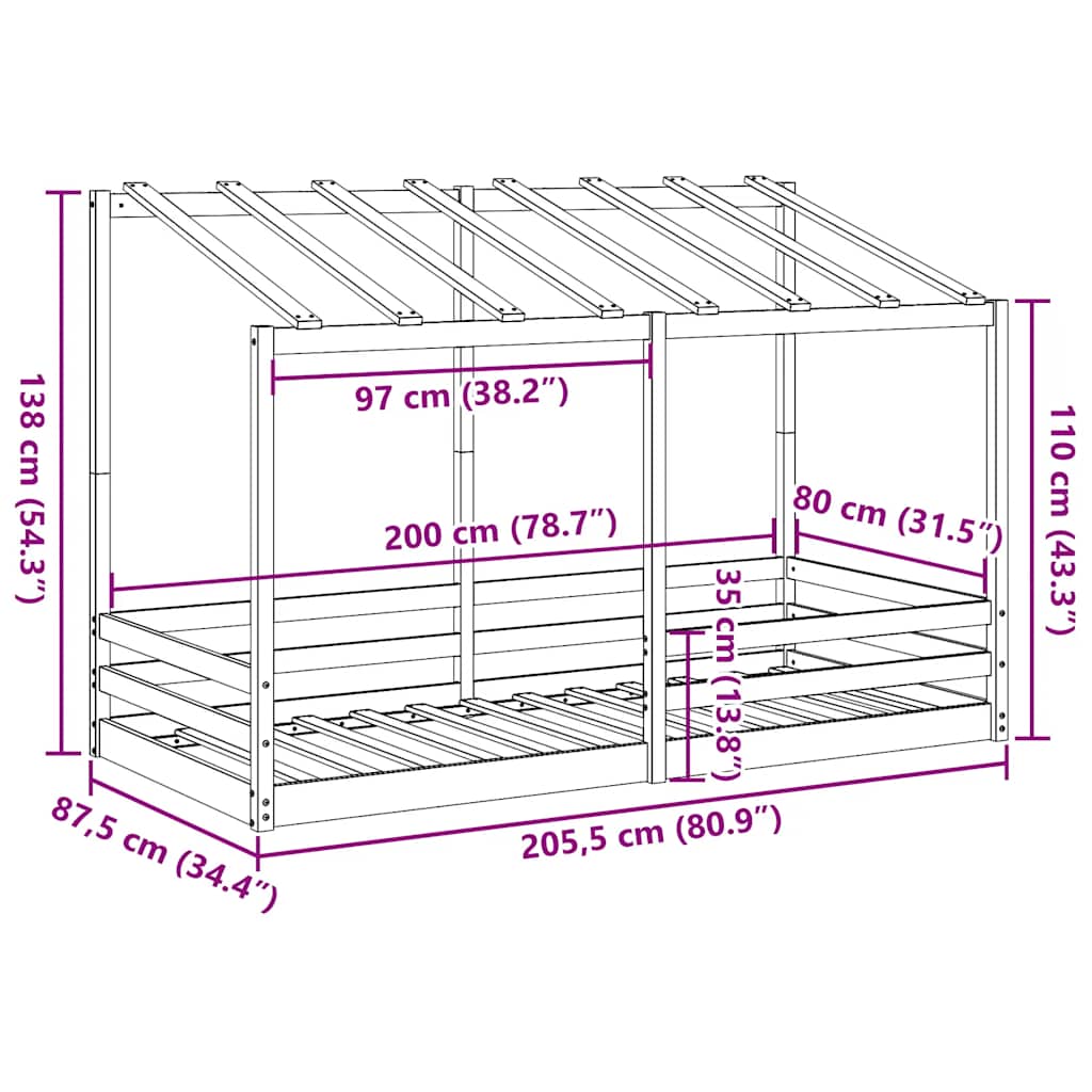 Letto Bambini con Tetto Marrone Cera 80x200 cm Massello Pino | homemem39