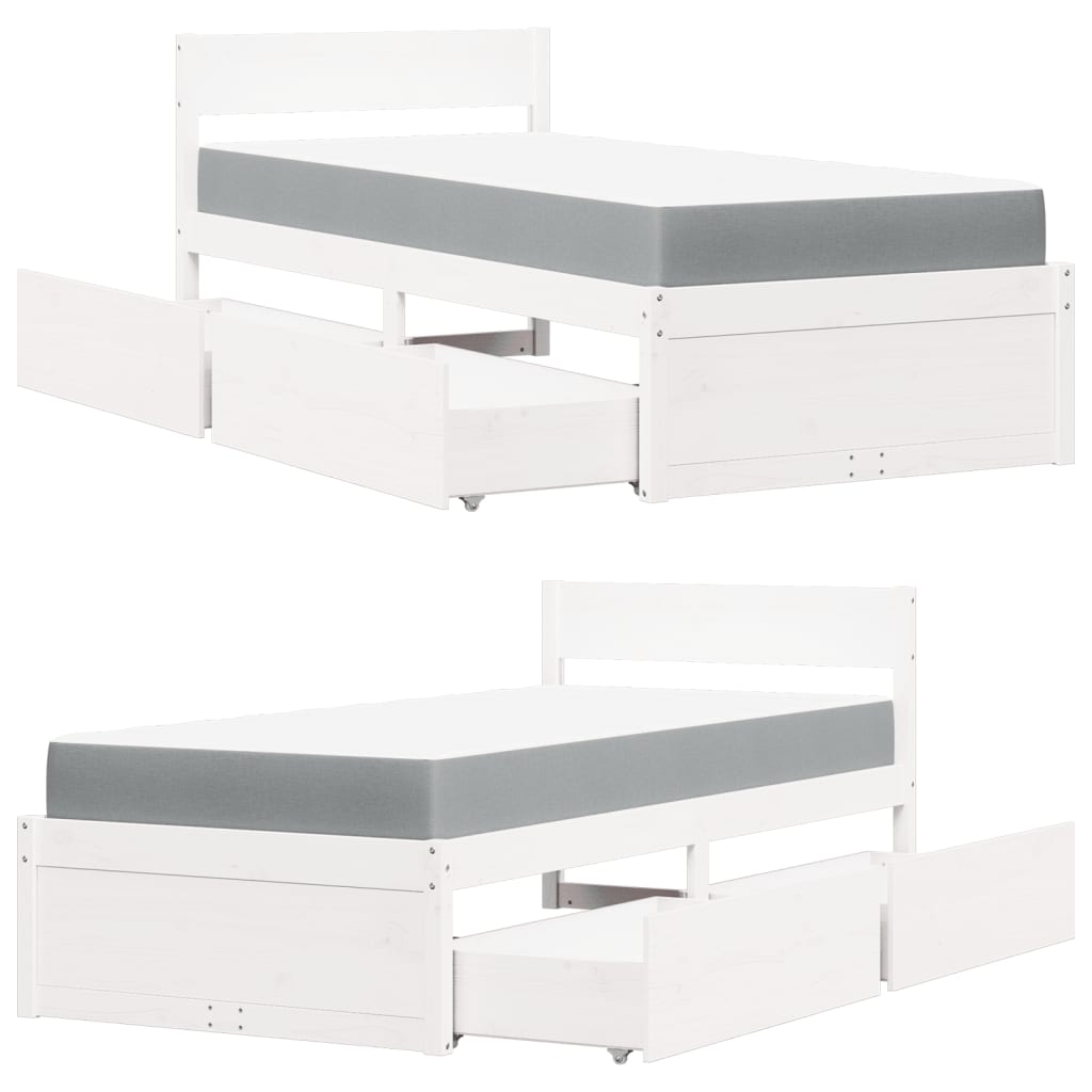 Letto Cassetti e Materasso Bianco 100x200cm Legno Massello Pino | homemem39
