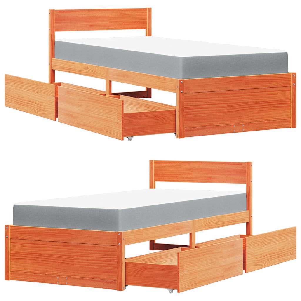 Letto Cassetti e Materasso Marrone Cera 90x200cm Massello Pino | homemem39