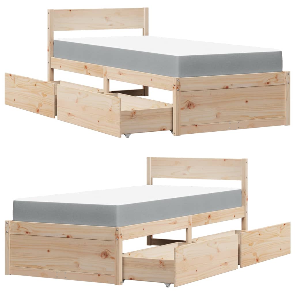 Letto con Cassetti e Materasso 90x190 cm Legno Massello di Pino | homemem39