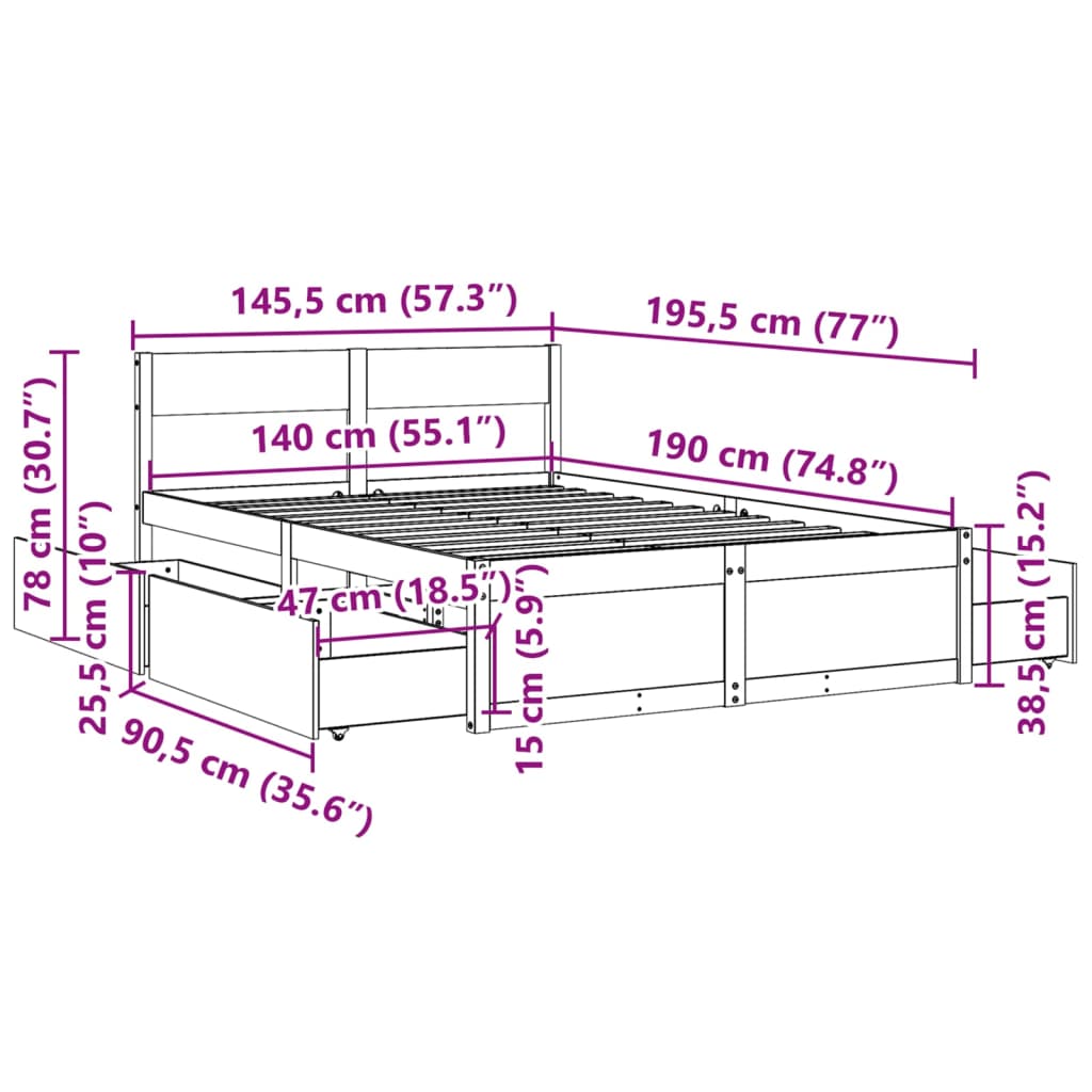 Letto senza Materasso Bianco 140x190 cm Legno Massello di Pino | homemem39