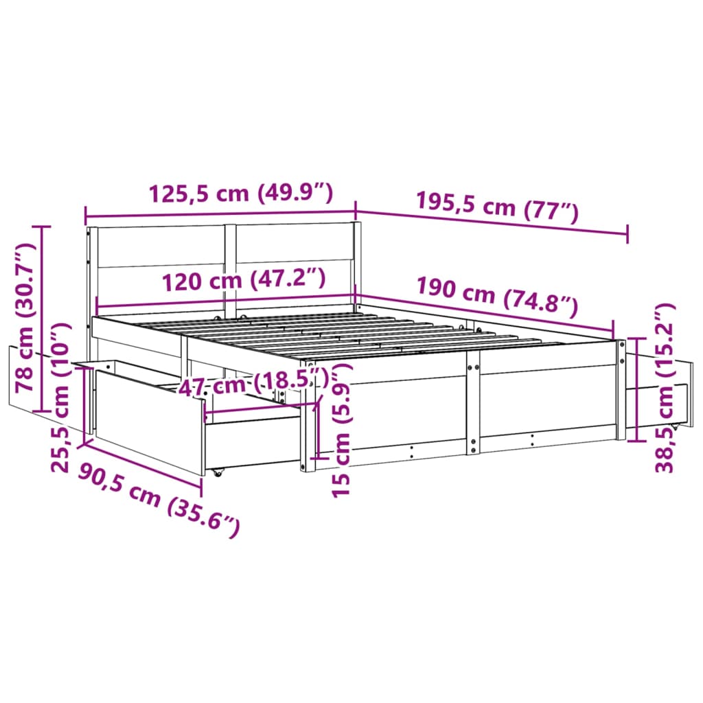 Letto senza Materasso 120x190 cm in Legno Massello di Pino | homemem39