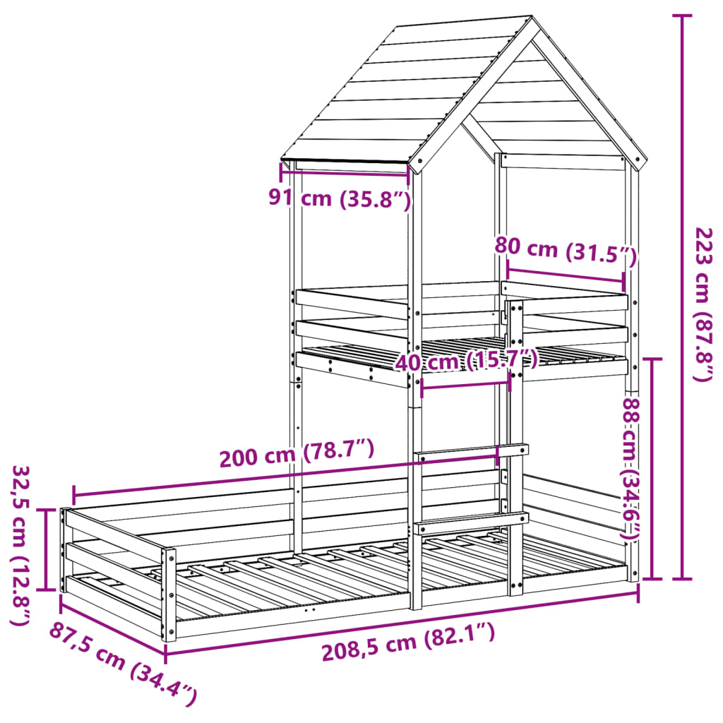 Letto a Castello con Tetto Cera 80x200 cm Legno Massello Pino | homemem39