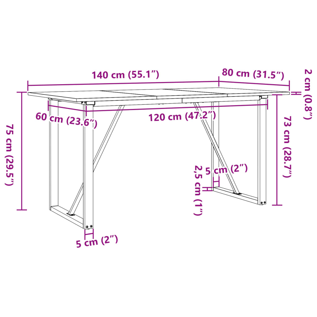 Tavolo da Pranzo Telaio a O 140x80x75 cm Legno Pino e Acciaio | homemem39