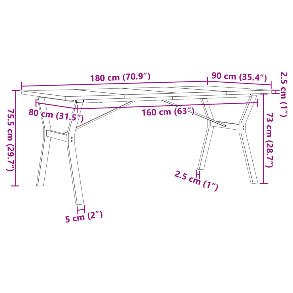 Tavolo da Pranzo Telaio a Y 180x90x75,5 cm Legno Pino e Acciaio