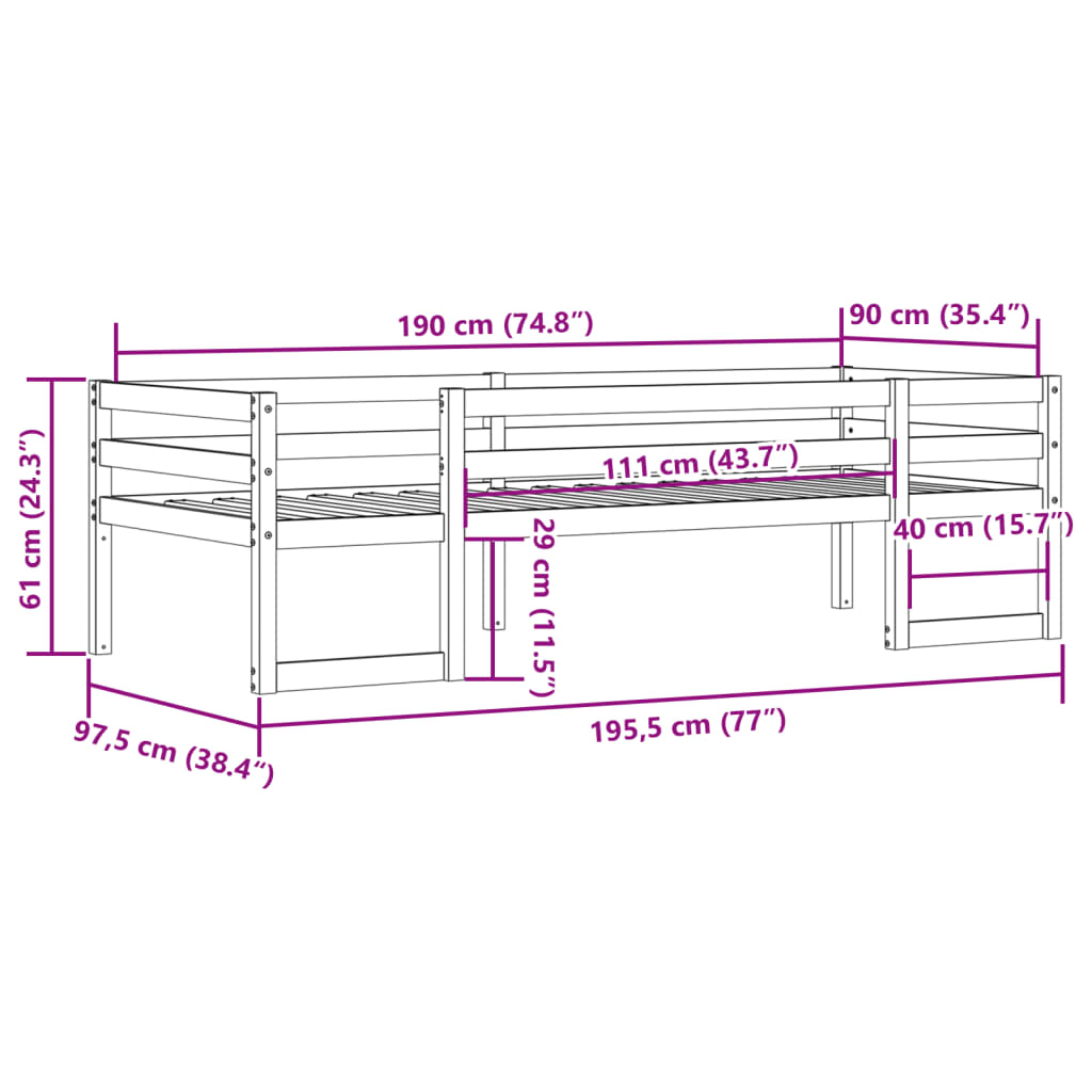 Giroletto per Bambini Marrone Cera 90x190cm Legno Massello Pino | homemem39