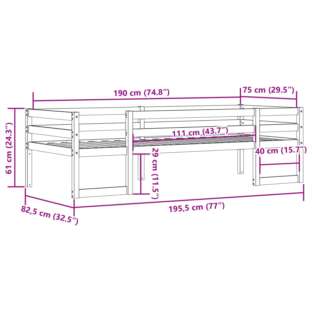 Giroletto per Bambini 75x190 cm in Legno Massello di Pino | homemem39