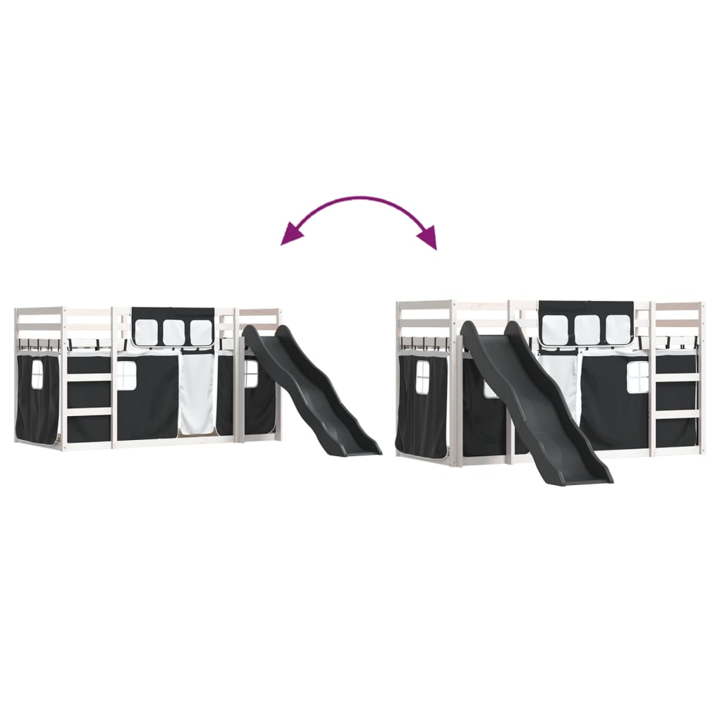 Letto a Castello con Scivolo e Tende Bianco e Nero 90x200 cm - homemem39