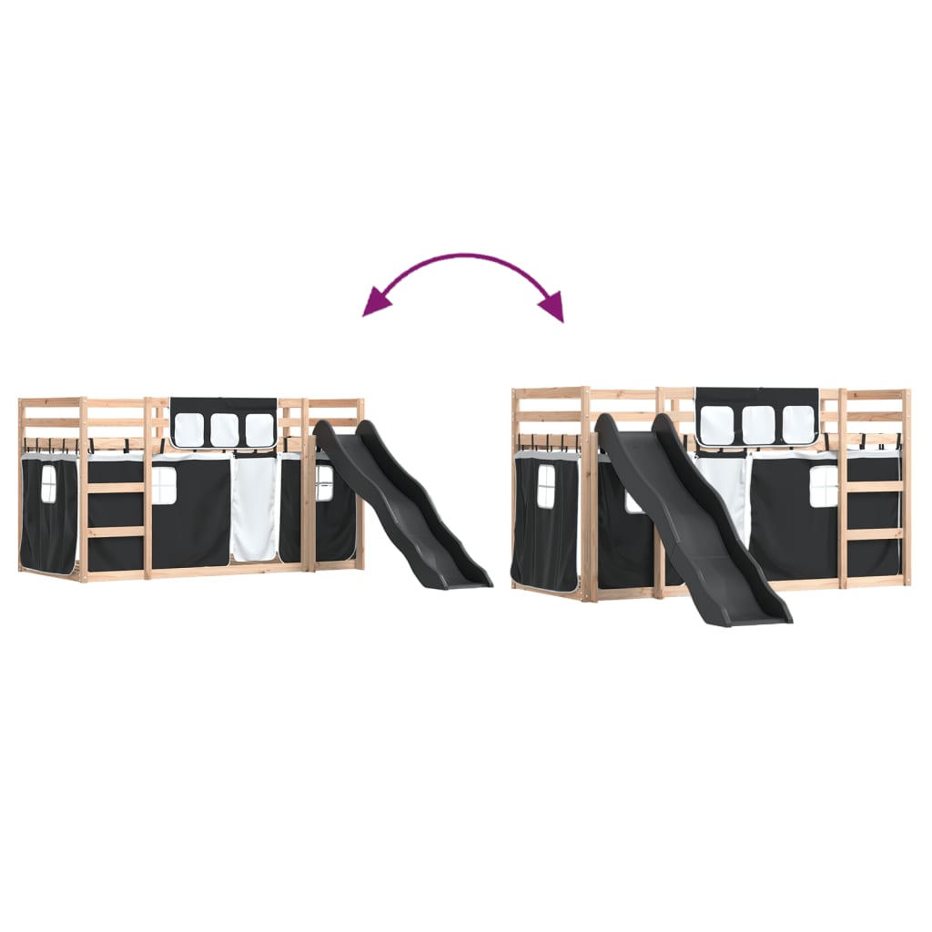 Letto a Castello con Scivolo e Tende Bianco e Nero 80x200 cm - homemem39